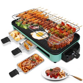 TeqHome Electric Indoor Grill,1500W 2 in 1 Smokeless Raclette Table Grill for Kitchen,Barbecue Korean BBQ Grill with Grill Net,Non-Stick Cooking Removable Plate,5 Temperature Control & Dishwasher Safe