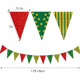 Red Green Gold Christmas Party Decorations, Hanging Glitter Paper Triangle Flags for Birthday Party Decorations Patrick's Day Graduation Christmas Wedding Birthday Baby Bridal Shower 33Ft