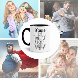 Tasse mit Spruch - Danke für Deine Hilfe - mit Name Personalisieren - Geschenk für Frauen und Männer, Dankeschön - Hochwertige Keramik, Innen & Henkel Schwarz, 300 ml