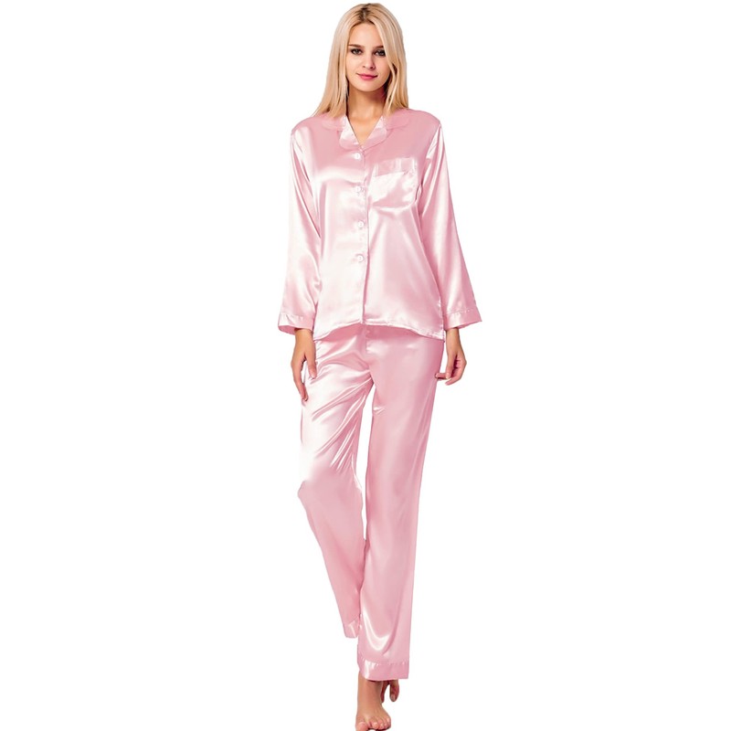 SWOMOG Womens Silk Satin Pajamas Sets 2 Pieces Sleepwear Long-Sleeve