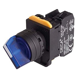 A20F-31E20QM3S, 22mm Selector Switch, 3 Positions, Illuminated, Spring Return from Right, 2NO 10A 110V, Blue Knob & LED 230V AC/DC