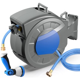 REDUCTUS Retractable Garden Hose Reel Wall Mount 1/2" x 100 ft + 6.5 ft Water Hose Reel for Outside with 10 Pattern Nozzle, Automatic Slow Rewind System/Lock Any Length/180°Swivel