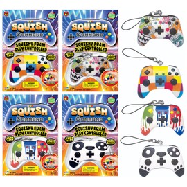 JA-RU Squishy Foam Play Controller Toy (4 Controllers Assorted) Mini Squish Console Command Stress Relief Toys with Carry Cord. Smushy Party Favor Collectible Fidget for Kids, Teen, & Adult. 3362-4