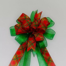 Handmade Christmas Bow, Wreath Bow, Red with Green Metallic Stripes, Metallic Emerald Gre