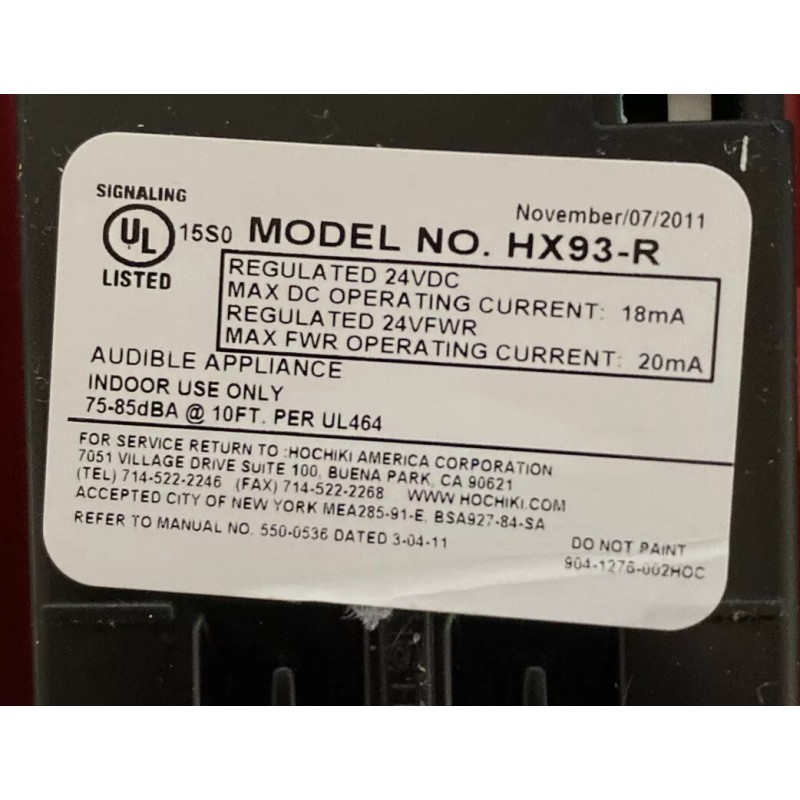 HOCHIKI HX93-R FIRE ALARM MINI HORN,WALL,24 VDC,TEMPORAL/C