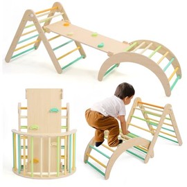 KODMIS Pikler Traingle Set 7-in-1 Wooden Climbing Kits Toy Foldable Montessori Toy Jungle Gym Playing Sets with Arch-Ramp-Ladder Indoor Climber(Climbing Sets)