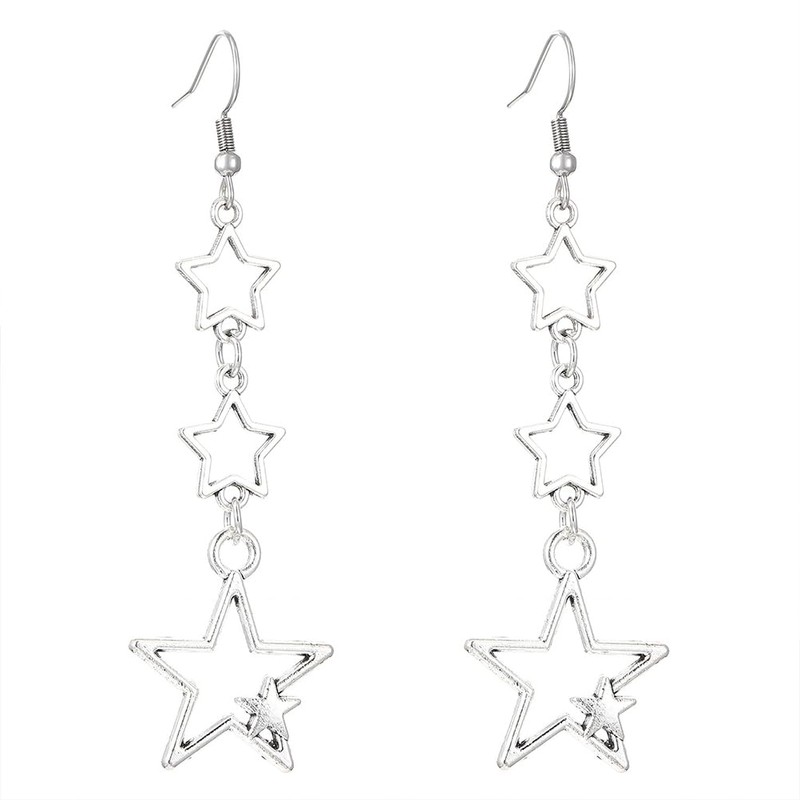Boho Silver Star Drop Dangly Earrings for Women, Statement Retro