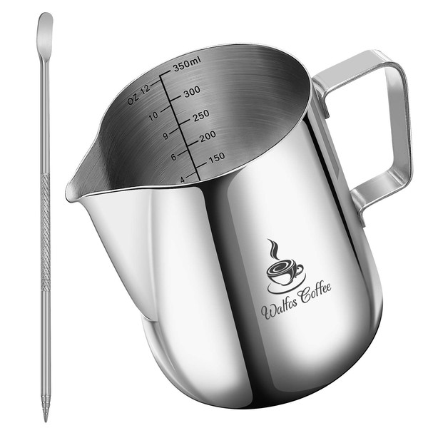 Frothing Pitcher, Walfos Premium 12 oz / 350 ml Stainless Steel Coffee Milk Frother with Measurement & Decorating Art Pen, Perfect for Coffee Espresso Cappuccino and Latte Art