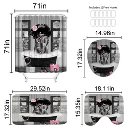 KOKGYM 4Pcs African American Shower Curtain Sets with Rugs, Black Girl Shower Curtain for Bathroom Decor Sets with Paris Eiffel Tower Art Pattern, Grey Waterproof juego de baño, with 12 PCS Hooks