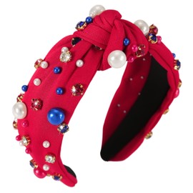 Gmmidea 4th of July Headbands for Women Red White Blue Pearl Rhinestone Jeweled Knotted Headband American Flag Red Patriotic Hairband Sparkle Girls Independence Day Accessories