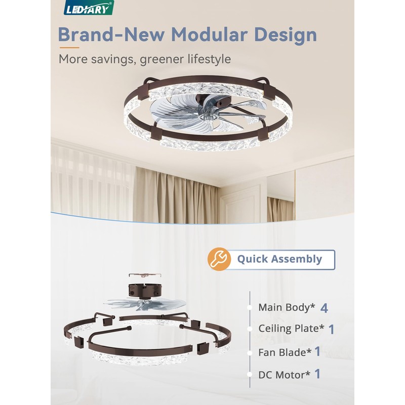 LEDIARY 24 Inch Low Profile Ceiling Fans with Lights and
