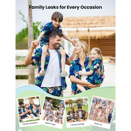 PATPAT Family Matching Outfits Hawaiian Couples Summer Beach Navy Blue Tropical Plant Allover Flower Print Button Down Shirts 2 Piece Sets for Men XL