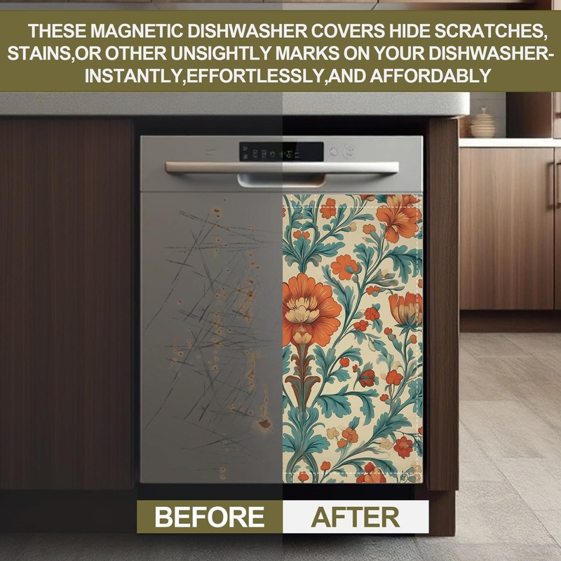 Magnetic Dishwasher Cover,Boho Ethnic Flower Reusable Dishwasher Magnetic Cover Decorative