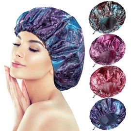 4 Packs Shower Caps, Extra Large Adjustable Double Layer Waterproof Hair Cap for Women, Waterproof Exterior & EVA Lining, Oversized Design for Long Thick Hair (Starlight Printing, X-Large)