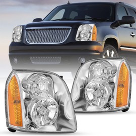 JSBOYAT Headlight Assembly Set Fits 2007-2014 GMC Yukon/Yukon XL 2008-2014 GMC Yukon Hybrid OEM Headlamp Pair Driver and Paseenger Side Replacement, Chrome Housing