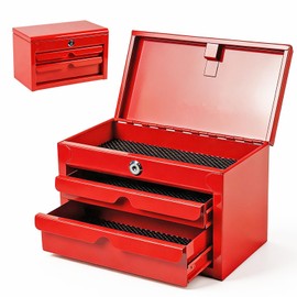 JACK BOSS Mini Tool Box with Two Drawers and Lockable Top Storage,Red