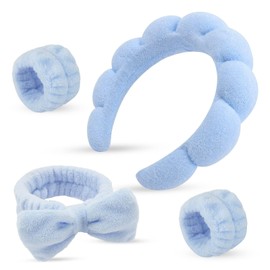 4 Pcs Women Soft Spa Headband and Wristband Set, Plush Terry Cloud Design, Cute Hair Band for Makeup and Face Washing (Light Blue, One Size)