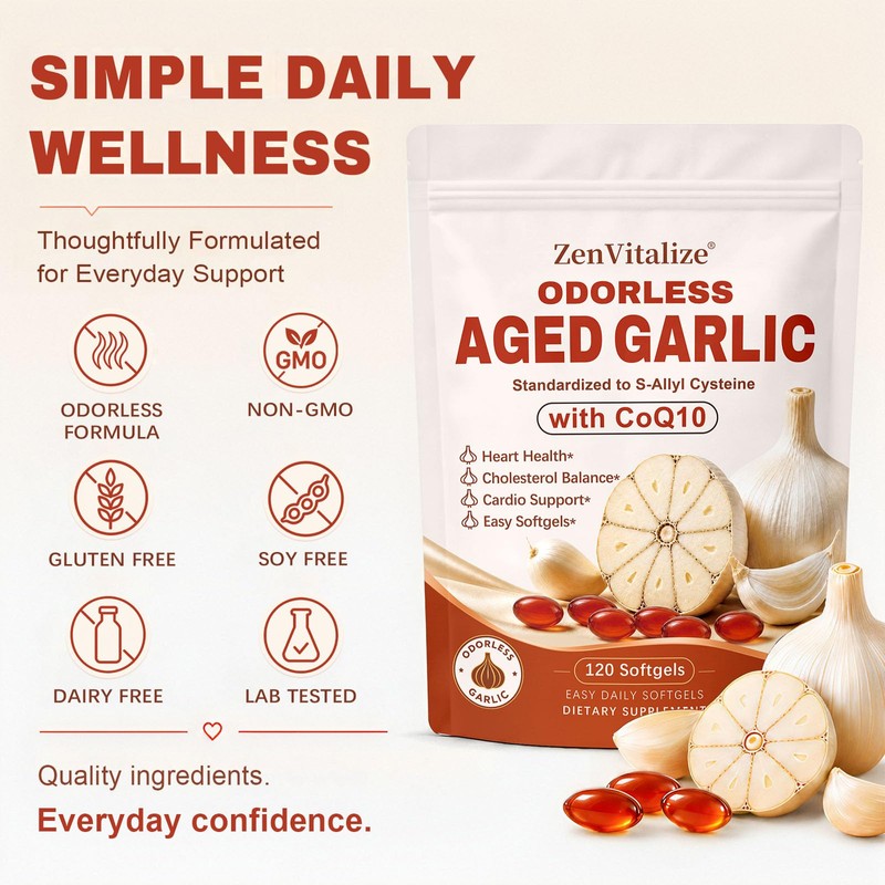 Odorless 2-Year Aged Garlic Extract Softgels with CoQ10 Ubiquinol &