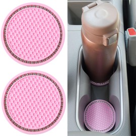 2 Pack PVC Car Coasters, Car Cup Holder Auto Insert Coaster - Car Accessories Sparkly Crystal Cup Mats Anti Slip Universal Vehicle Interior Girly for Girls, Women (Pink)