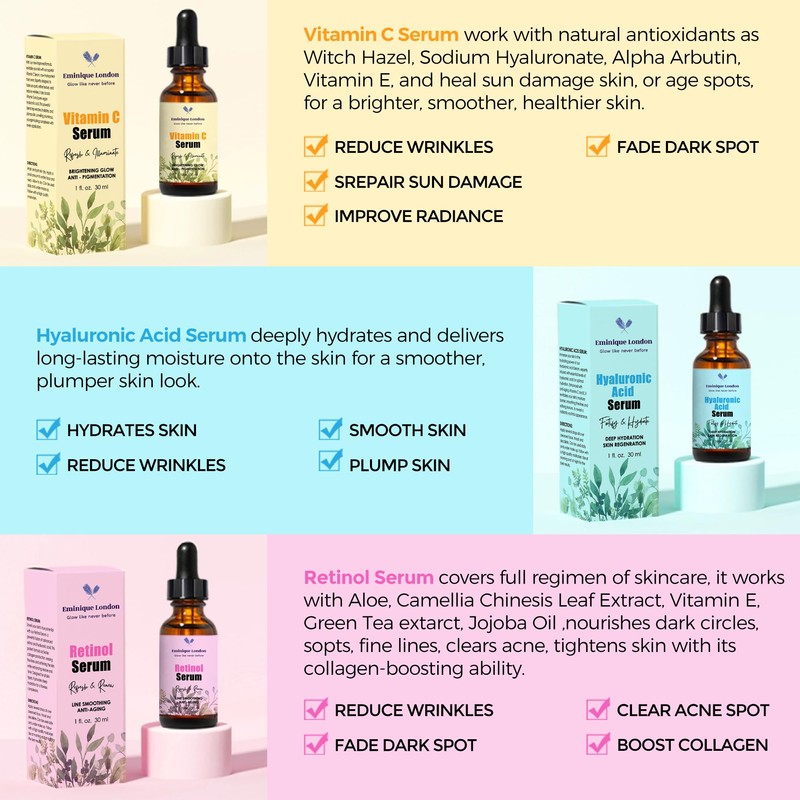 Face Serum 3 Pack with Vitamin C, Retinol and Hyaluronic