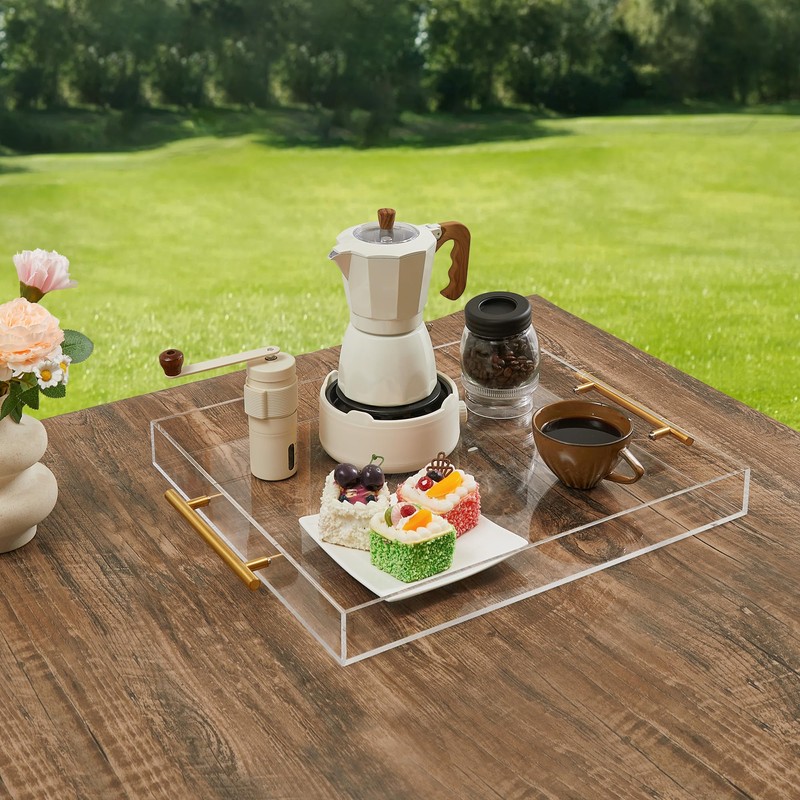 Large Clear Acrylic Serving Tray (16×18 Inches) with Gold Handles