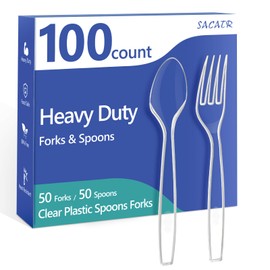 100 Count Plastic Silverware Heavy Duty -50 Forks, 50 Spoons, BPA-Free, Heat Resistant, Disposable Plastic Utensils Set, Plastic Cutlery Set, Plasticware Suitable for Party Everyday Use