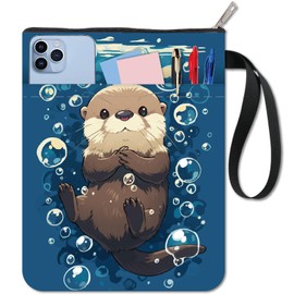 craspire Otter Book Cover Sea Animal Book Protection Blue Book Covers for Paperbacks Washable Book Cover Made of Fabric with Zip and Additional Case Pocket for Book Lovers Gifts