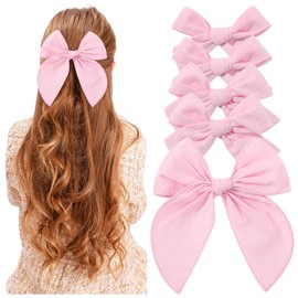 YHXX YLEN 5PCS Pink Cotton Linen Hair Bows for Girls Handmade Alligator Clip Hair Accessories for Babies Infant Toddlers Kids(5inch×1, 4inch×2, 3.5inch×2)