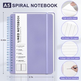 Lined Spiral Journal Notebook, A5 Hardcover Leather Notebook for Work, 5.7''×8.2'', 100GSM Thick Paper Spiral Bound Journaling Notebooks for Women & Men Office School Note Taking Business, Purple