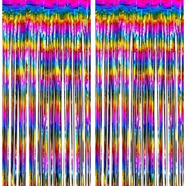 Wqafe 2PCs Rainbow Glitter Tinsel Curtains 3.2x6.5ft Foil Iridescent Curtain Backdrop with Fringe and Tassel Tinsel Strings for Disco, Birthday Party Decoration,Engagement,School Events