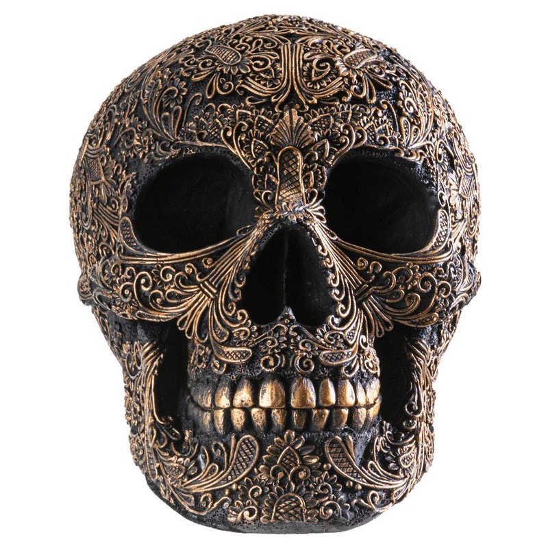 SUMMIT COLLECTION Black Carved Ceremonial Skull with Gothic Motif Design