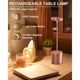 Swinerton Cordless Table Lamps Rechargeable, Portable LED Desk Lamp, 5000mAh Battery Powered Wireless Table Light - 3 Color Dimmable Lighting for Restaurant Dining Patio Outdoor Bedroom(Rose Gold)