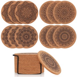 TOOINKCV Pack of 12 Cork Coasters, Glasses Coasters, Cork, 4 Inch Drink Coasters, Cup Coasters, Reusable Absorbent Coasters, Wooden Mandala for Coffee, Bar, Kitchen, with Metal Holder