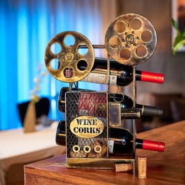 Aayla Tabletop Wine Rack – Retro Classic Movie Projector for Holding 3 Bottles with Cork Storage Perfect Wine Gift for Wine Lovers