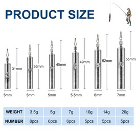 SUPAWAY 35 Stück Angeln Gewichte, Zylinder Angelblei Set, 6 Größen Angeln Sinker 3,5 bis 20 g, Drop Shot Rig Gewichte Kit für Salzwasser Süßwasser (Edelstahl-Anhänger)