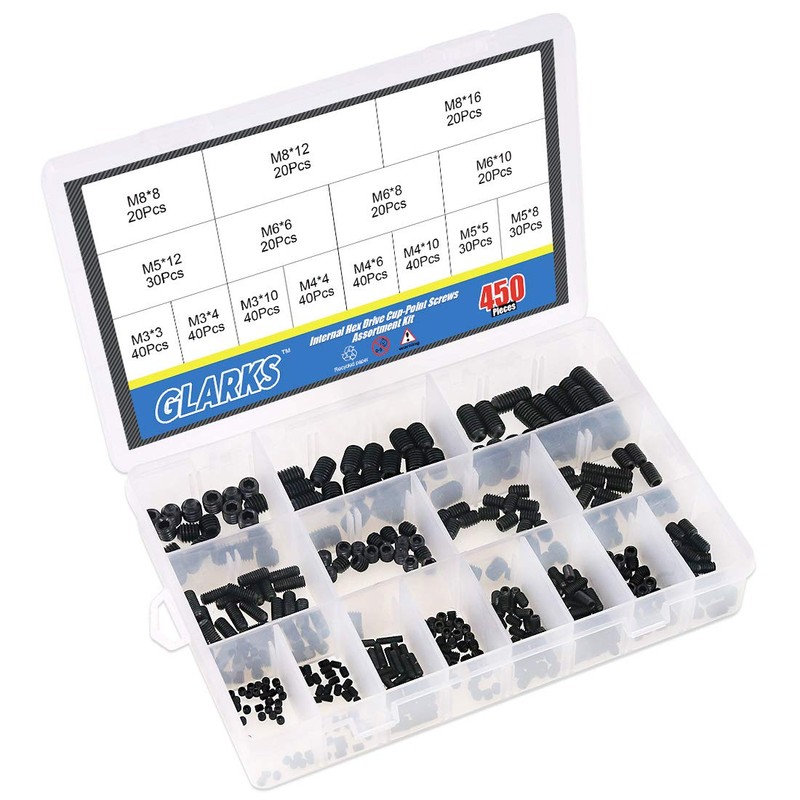 Glarks 450Pcs M3/M4/M5/M6/M8 Allen Head Socket Set Screw, 12.9 Class