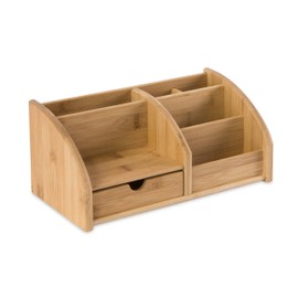 OSCO Bamboo Desk Organiser | 6 Compartments | 1 Drawer | Office Tidy | Stationery Storage | Pen Holder | Makeup sorter | Cosmetics Display | H17.7 x W27 x D14 cm |