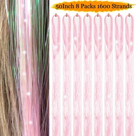 Hair Tinsel 50inch 8packs 1600 Strands Light Pink Tinsel Hair Extensions Shiny Hair Accessories Sparkling Fairy Glitter Hair Extension for Women Girls Kids(50",Light Pink)
