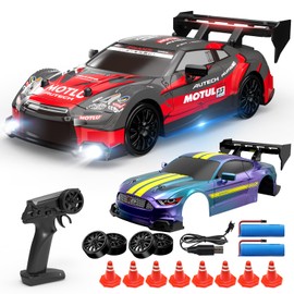DEERC RC Drift Auto 4WD 2,4 GHz Hochgeschwindigkeits-Fernbedienungsauto mit 2 Karosserien, LED-Lichtern, 2 Akkus (20 Min.) und Drift-Reifen, Rennsport-Spielzeug für Kinder/Jungen