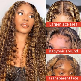 Highlight Ombre 13x6 Lace Front Wig Human Hair Deep Wave Honey Blonde Glueless HD Transparent Lace Frontal Wigs for Women 180 Density Human Hair (highlight ombre deep wave, 32 inch)
