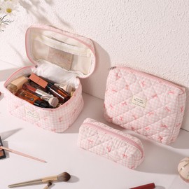 Anfly 3PCS Quilted Makeup Bag, Cotton Makeup Bag Set, Cute Pink Quilted Cosmetic Bag for Women, Large Travel Cosmetic Organizer, Makeup Organize