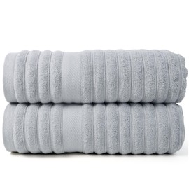 Light Grey Towels Ribbed 2 Pack, Cotton Soft, Plush, Lightweight, Premium Shower Towels for Bathroom, Spa, Swim, Pool, 27.5x55 Inches