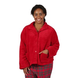 LA CERA Plush Bed Jacket - Women's Fleece Bed Jacket with Stylish Banded Collar, Long Sleeves, Front Pockets, Button Front, 100% Polyester, 2X Size, Red Color, Machine Washable