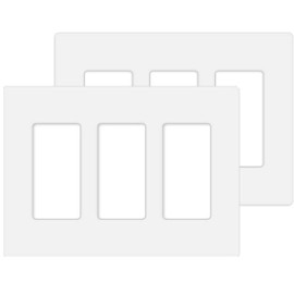 Placa de pared decoradora sin tornillos de 3 bandas para interruptor de luz, interruptor inteligente, receptáculo, reguladores, toma USB, GFCI, placa de cubierta segura para niños, color blanco (paquete de 2)