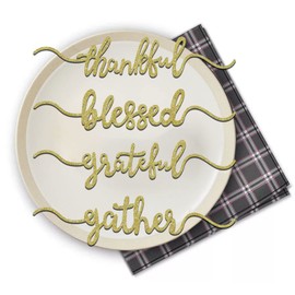 Aukolass 16 Pcs Glitter Thanksgiving Plate Cards, Thanksgiving Table Decorations Grateful Thankful Blessed Gather Place Card Plate Decors for Home Party (Gold16)