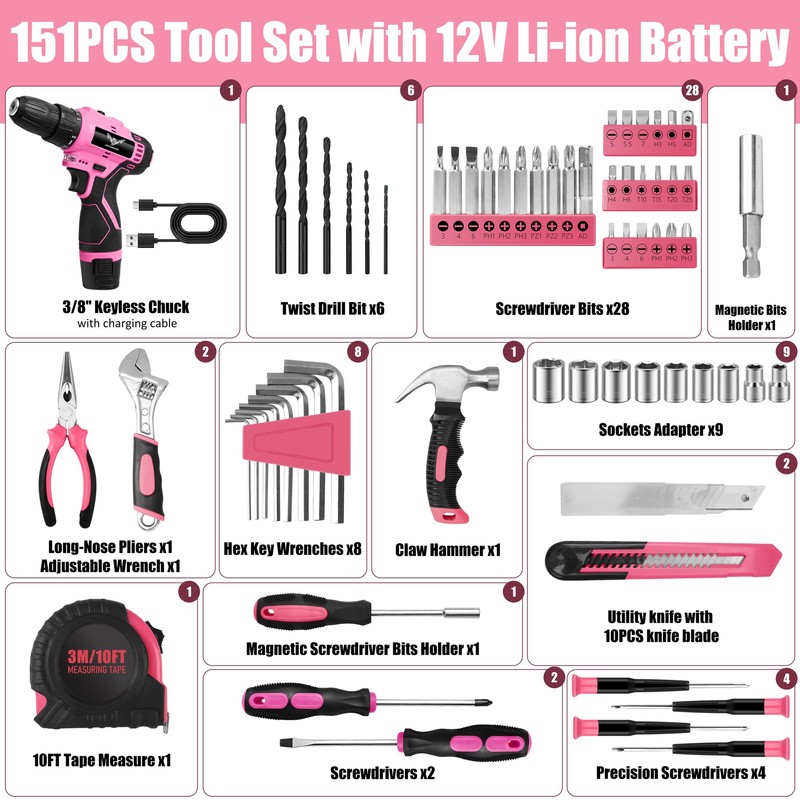 JENABOM Pink Tool Set - 12V Cordless Drill Kit, 151