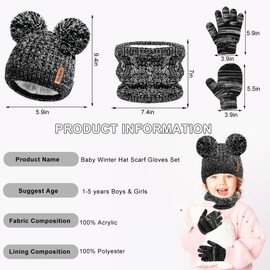 Hicdaw Kids Winter Hats Gloves Scarf Set Kids Mittens Double Pompom Cap Fleece Lined Toddler Beanie Hat for Boy Girl, Color E
