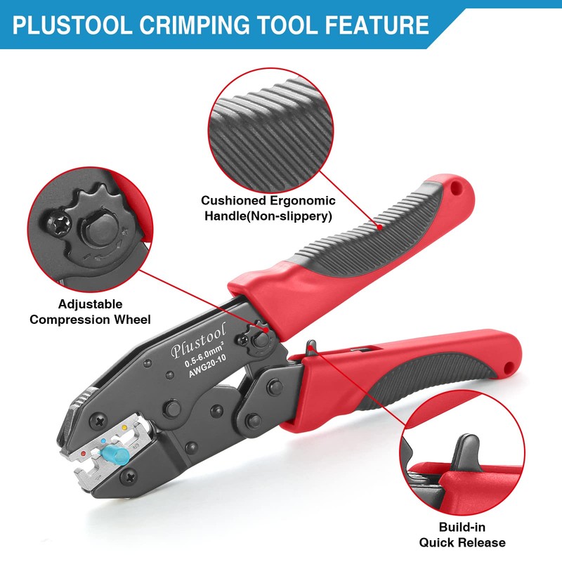 Plustool Crimping Tool for Heat Shrink Connectors AWG22-10, Ratcheting Wire