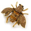 Vintage Inspired Champagne/Amber Crystal Bee Brooch In Aged Gold Tone