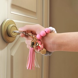 HFZRZFH Silicone Beaded Bracelet Wristlet Keychain - Hands-Free Key Holder for Women with Scented Wooden Bead, Multiple Colors